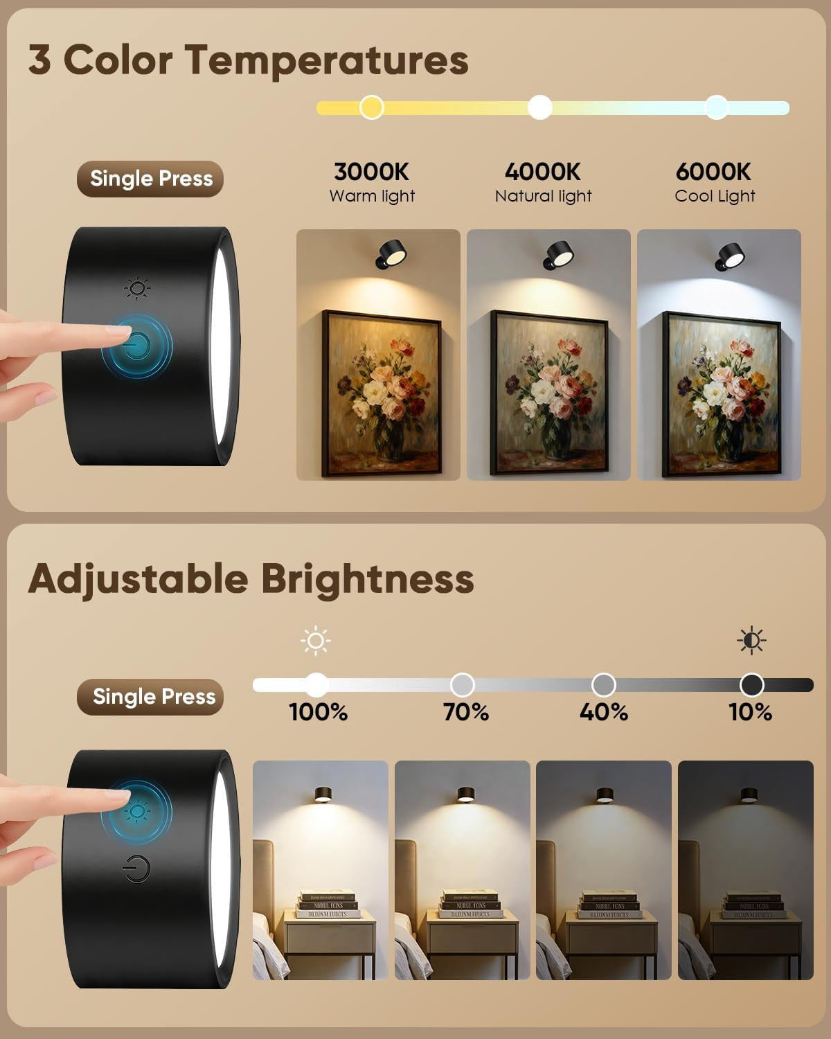 LED Wall Mounted Lights 2 Pcs with Remote, Rechargeable Wall Sconce with 3 Color Temps & Dimmable Magnetic 360Â° Rotation Cordless Light for Bedroom Reading Bedside