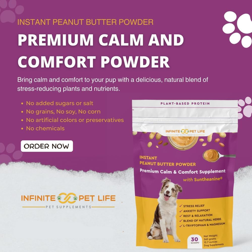 Infinite Pet Life Premium Calm & Comfort Peanut Butter Powder for Dogs- Anxiety Relief | Real Peanut Butter | 12.7 Oz | Fireworks, Thunder, Stress