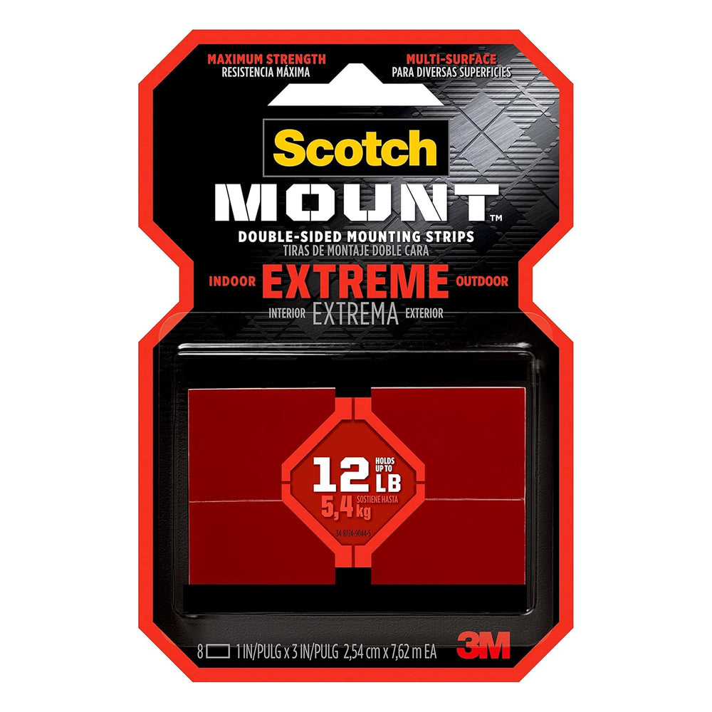 Scotch Extreme Mounting Strips, Double-Sided Heavy Duty Tape, 8 Strips, 1 in X 3 In, Use Instead of Nails or Screws, Works on Painted Surfaces, Metals, Acrylic, Hard Plastics and More (414H-ST)