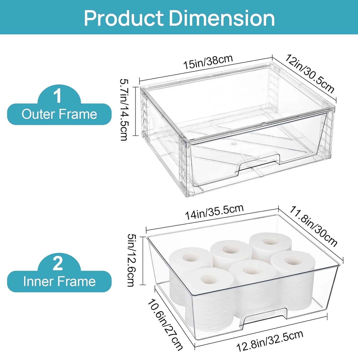 2 Pack Large Stackable Storage Drawers,Easily Assemble Clear Acrylic Bathroom Closet Undersink Organizers,Plastic Storage Bins for Cabinet,Kitchen Pantry,Medicine Organization
