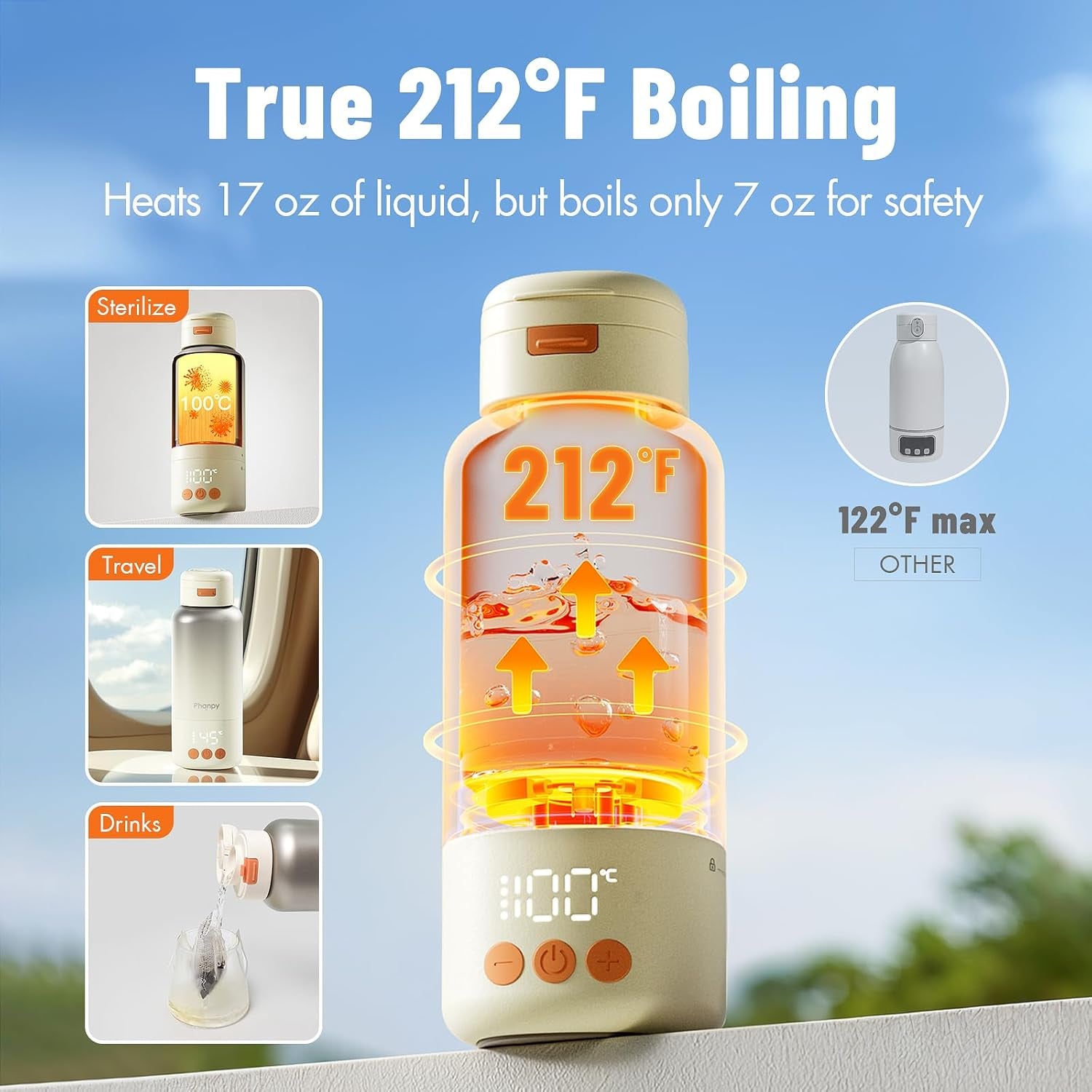 Portable Bottle Warmer - Detachable 10000Mah Battery, 212Â°F Boil & Sterilization, 3 Min Fast Heating, 100W, 17 OZ Large Capacity, Designed for Travel Bottle Warmer on the Go