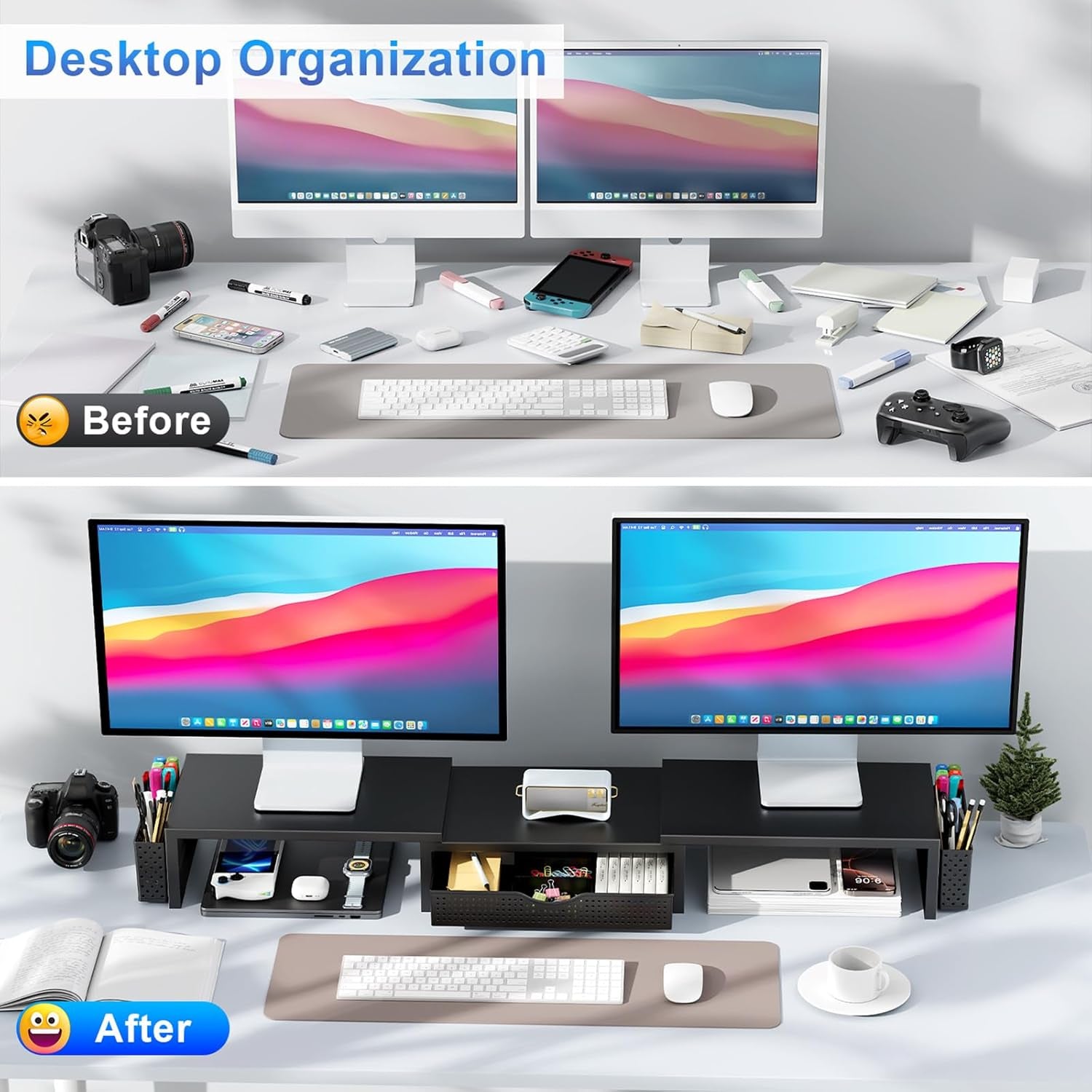 Dual Monitor Stand Riser, Desk Organizer with Drawer and 2 Pen Holders, Computer Monitor Stand, Desk Shelf for Top of Desk (Black)