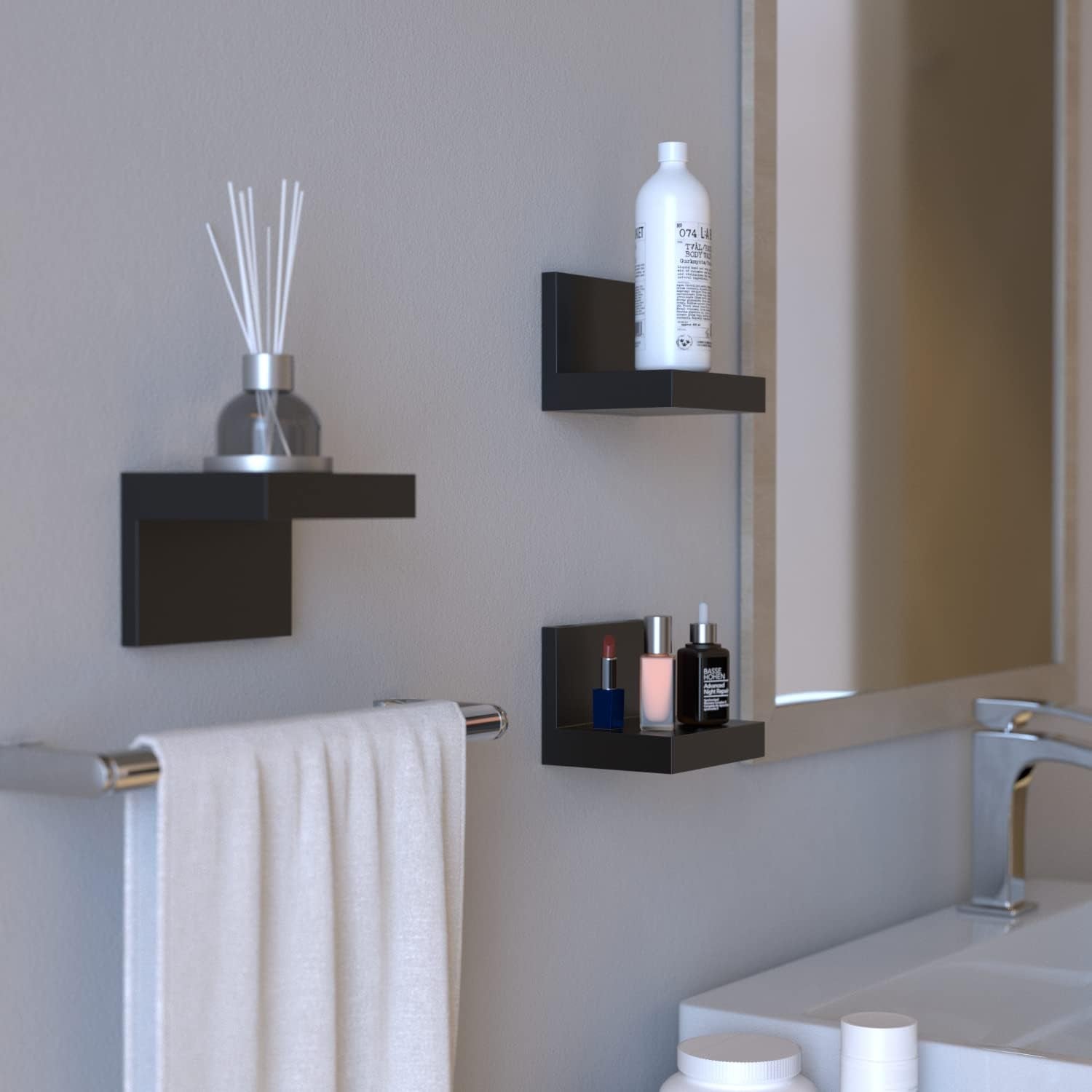 7-Pack Small Floating Shelves for Wall by Richerhouse, Plastic Black Shelf 4 Inch Display Ledges Room Decor, Mini with 2 Types of Installation (Adhesive or Screw)