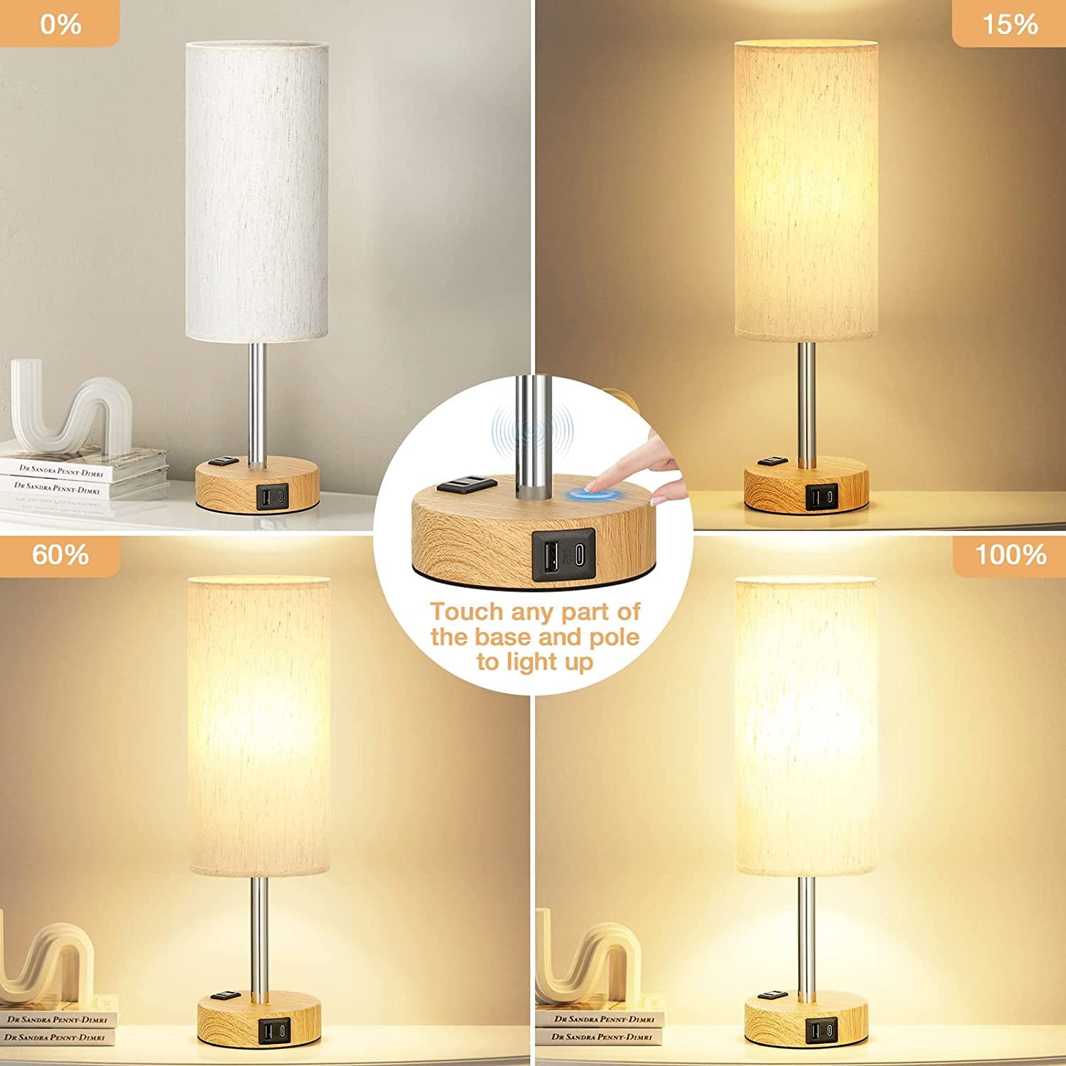 Bedside Table Lamp for Bedroom - 3 Way Dimmable Touch Lamp USB C Charging Ports and AC Outlet, Small Lamp Wood Base round Flaxen Fabric Shade for Living Room, Desk, LED Bulb Included