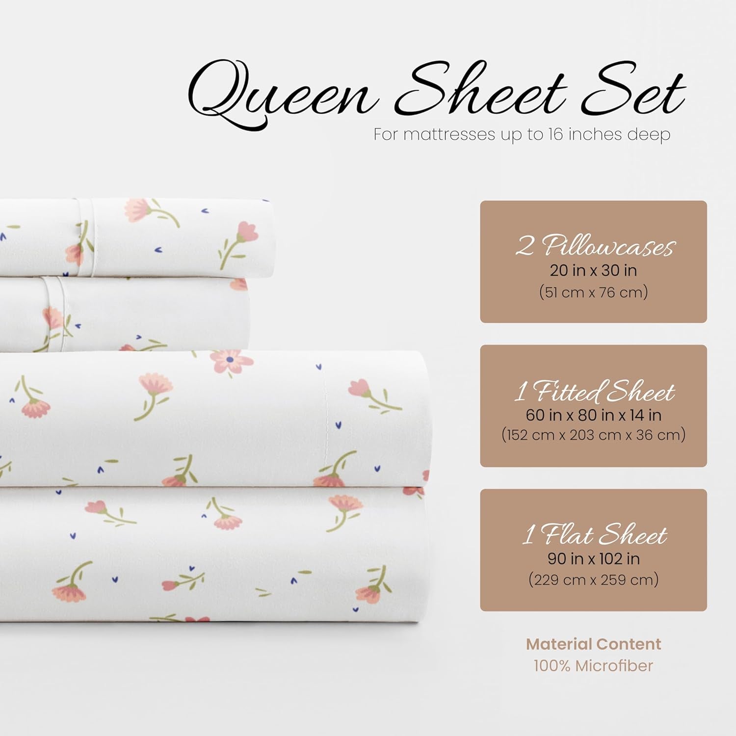 4 Piece Queen Sheet Set - Breathable, Double-Brushed Patterned Cooling Sheets â€“ Oeko-Tex Certified Ultra Soft & Wrinkle-Free 16" Deep-Pocket Queen Sheets - Easy Care Soft Floral Pink