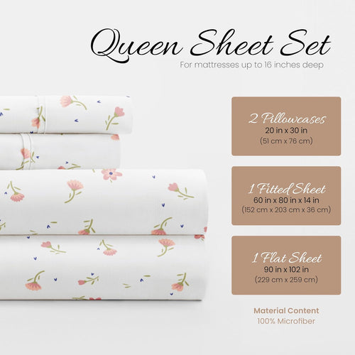 4 Piece Queen Sheet Set - Breathable, Double-Brushed Patterned Cooling Sheets â€“ Oeko-Tex Certified Ultra Soft & Wrinkle-Free 16" Deep-Pocket Queen Sheets - Easy Care Soft Floral Pink