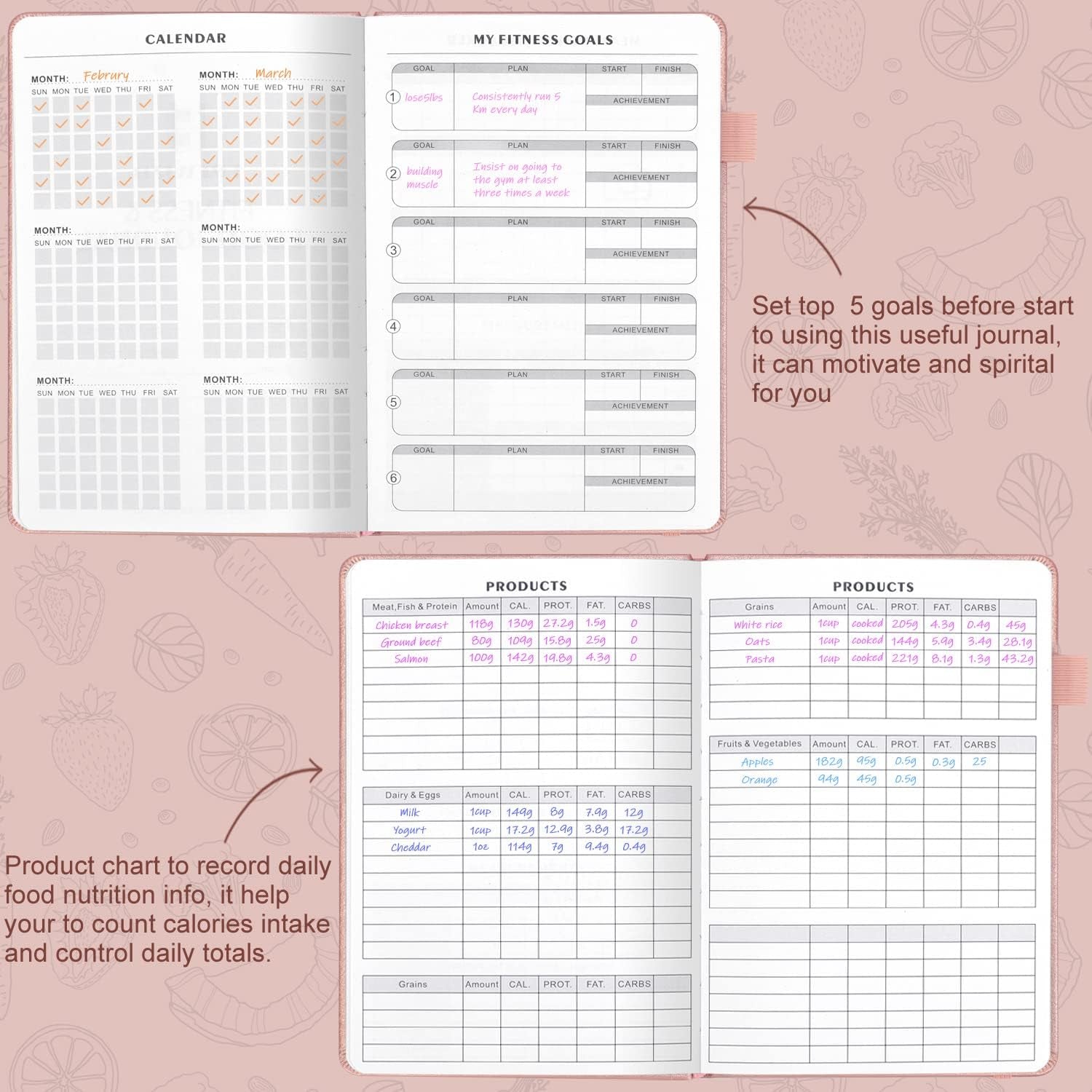 Food and Fitness Journal Hardcover Wellness Planner Workout Journal for Women Men to Track Meal and Exercise Count Calories Weight Loss Diet Training Weight Loss Tracker Undated Home and Gym