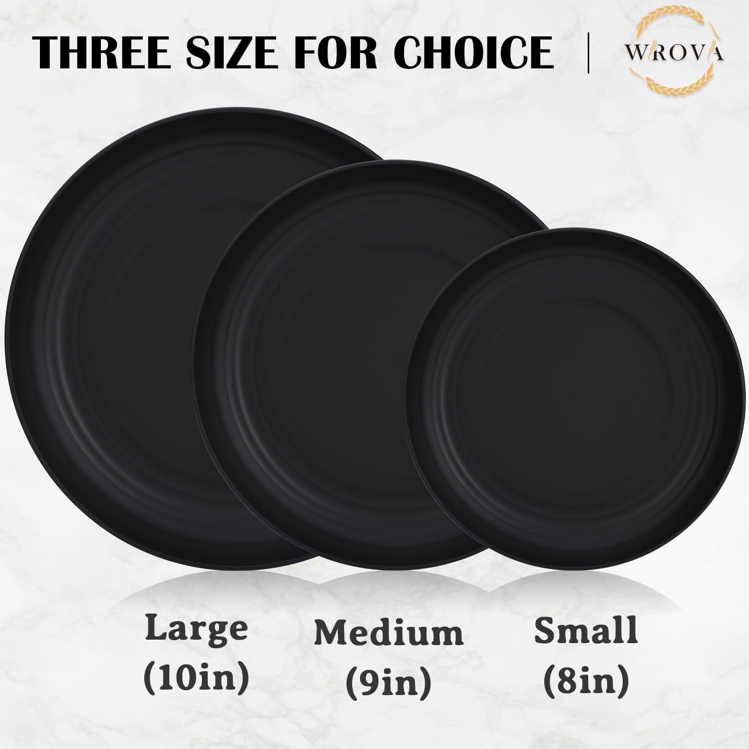 Wheat Straw Plates - 8 Inch Unbreakable Dinner Plates Set of 8 - Dishwasher & Microwave Safe Plastic Plates Reusable - Lightweight Plates for Kitchen,R.V (Pure Black)