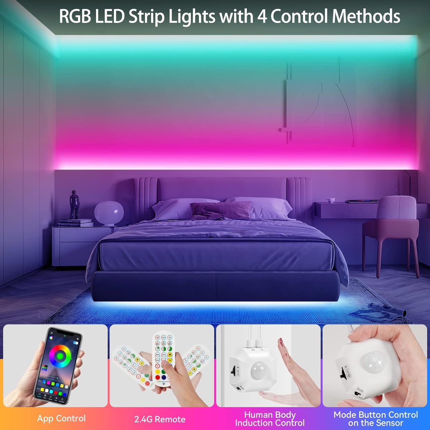 Motion Activated LED Strip under Bed Lights, 9.8Ft RGB LED Strip Lights with Motion Sensor, Remote, App Control, Music Sync Motion Sensor LED Light Strip USB Powered for Bedroom Cabinet TV PC