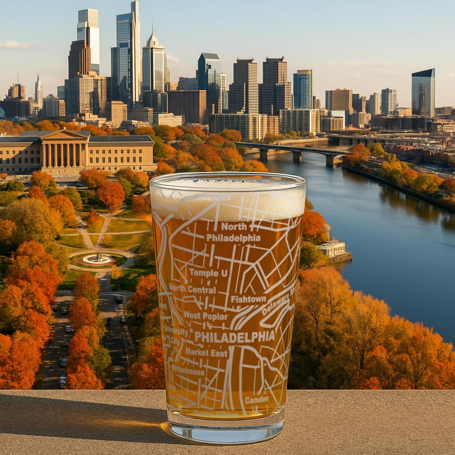 â€“ Philadelphia, PA Map Pint Beer Glasses (Set of 2), 16 Oz â€“ Etched Wrap Design