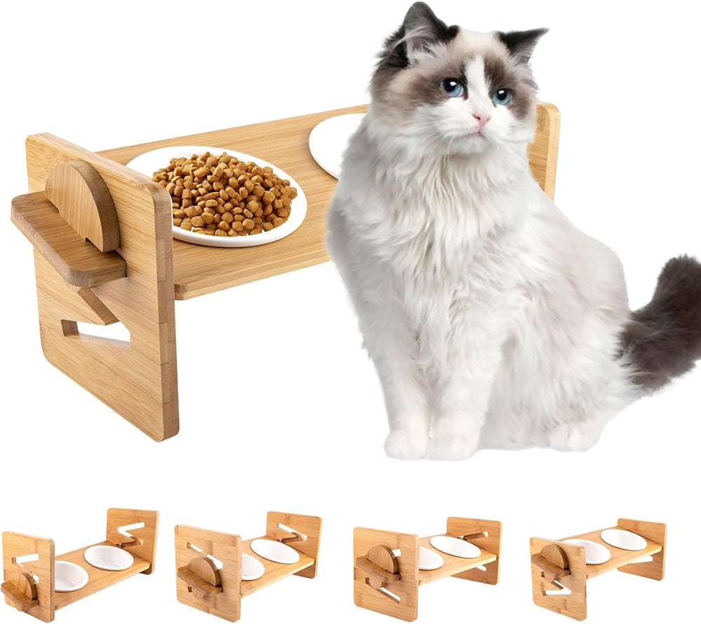 Adjustable Bamboo Raised Pet Bowl for Cats and Small Dogs, Elevated Feeder Stand with 2 Ceramic Bowls and anti Slip Feet, Great Gift for Puppies, Kittens