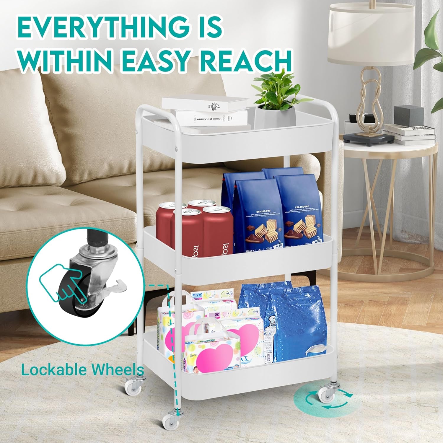 3 Tier Rolling Cart, Metal Utility Cart with 4 Hooks, Rolling Storage Cart on Wheels, Small Organizer Cart for Nursery, Kitchen, Living Room, Bathroom, White