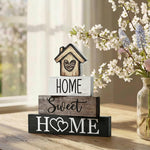 Smile 4 Pcs Farmhouse Wooden Tabletop Decor Home Tiered Tray Decoration, Rustic Retro Neutral Wood House-Shaped Block Sign, Centerpiece Suitable for Home Shelves Fireplace Mantels