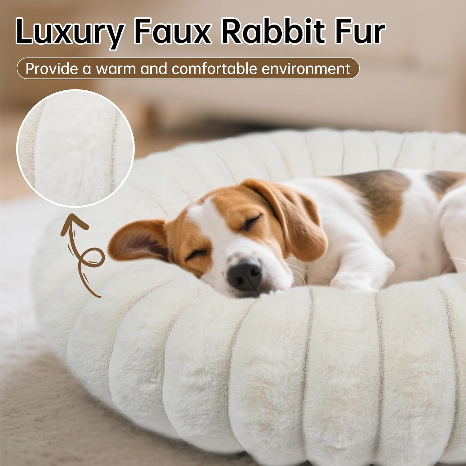 Donut Dog and Cat Bed, Luxurious Comfortable Faux Rabbit Fur Pet Beds, round Anti-Anxiety Calming Puppy Kitten Bed with Anti-Slip Bottom for Small Medium Dogs & Cats(27", Brown)