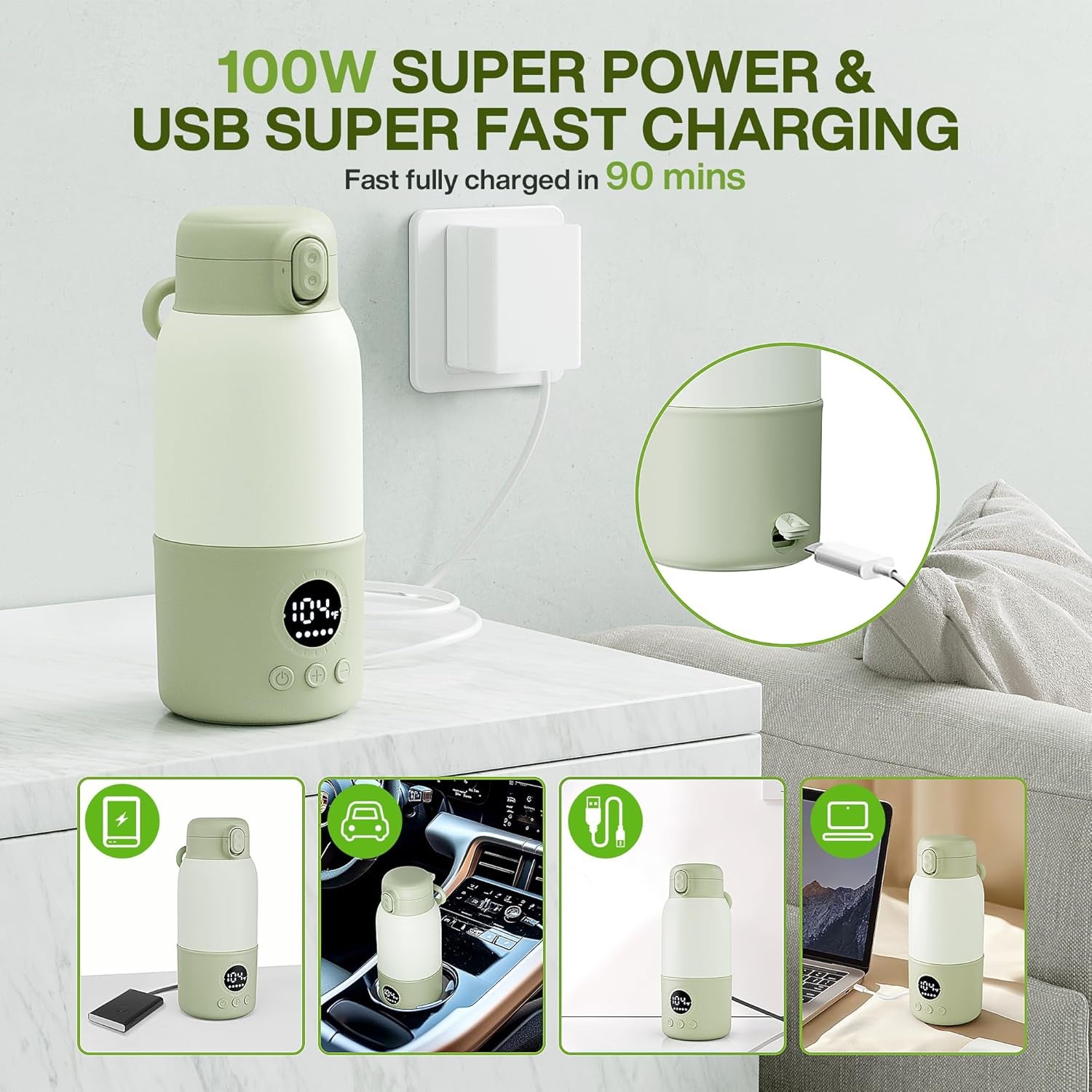 Portable Bottle Warmer for Travel, Fast Heating Baby Bottle Warmer with Keep Warm Function, Portable Milk Warmer for Breast Milk & Formula, 13Oz Large Capacity On-The-Go Feeding Solution