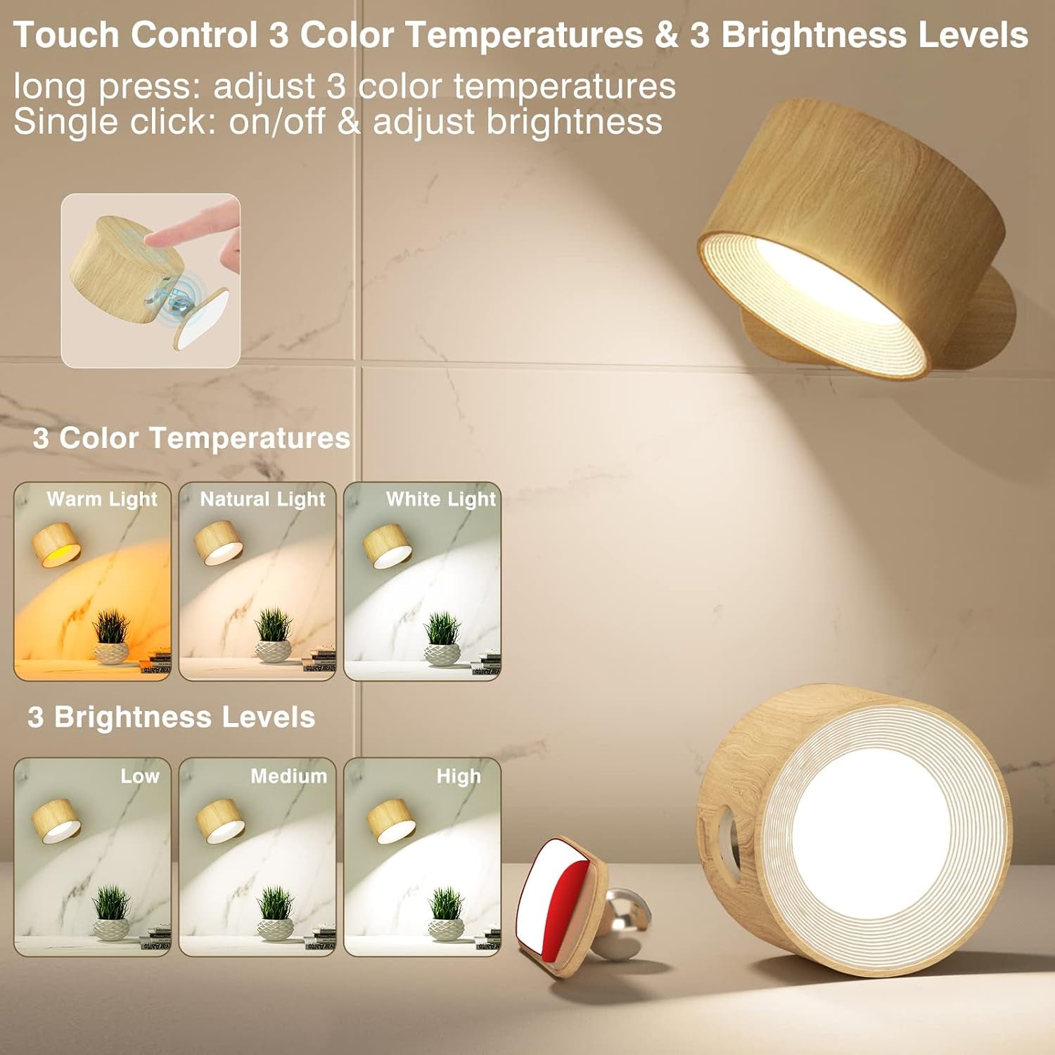 LED Sconces, Wall Mounted Lamps with Rechargeable Battery Operated USB Port 3 Color Temperatures & 3 Brightness Levels 360Â°Rotate Magnetic Ball, Cordless Lights for Reading Bedside