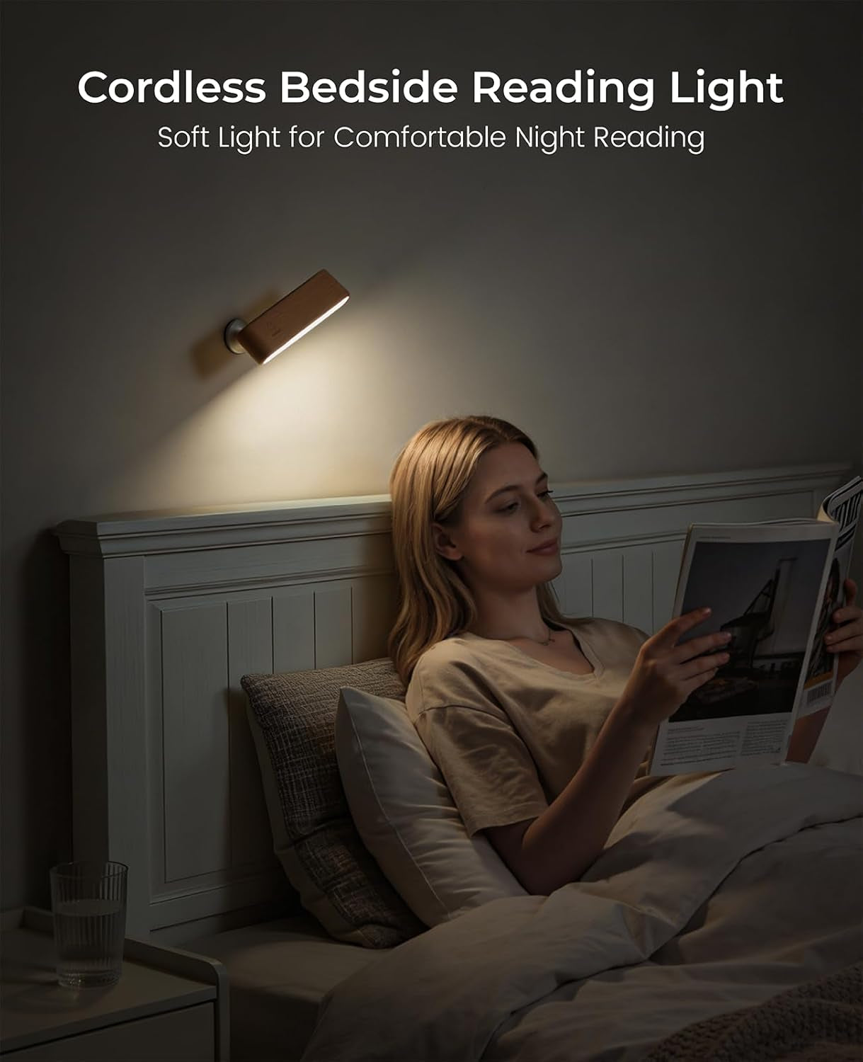 Wood LED Wall Sconce, Magnetic 360Â° Rotatable Wall Mounted Night Light & Reading Light, Small Rechargeable Battery Powered Bedside Wall Lamp for Bedroom, Living Room, Beech Wood