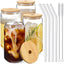 Drinking Glasses with Bamboo Lids and Glass Straw 4Pcs Set - 16Oz Glass Cups, Iced Coffee Glasses, Cute Iced Tea Glasses, Beer Glasses, Ideal for Coffee Bar Accessories, Aesthetic Gift - 2 Brushes