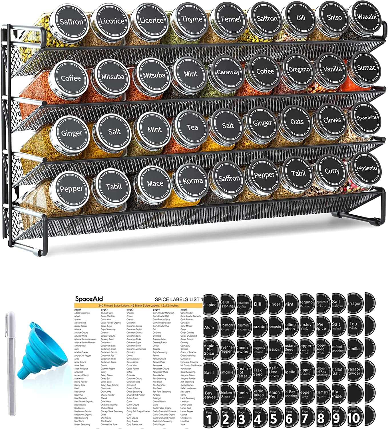 Spice Rack Organizer with 36 Spice Jars, 386 Spice Labels, Chalk Marker and Funnel Set for Cabinet, Countertop, Pantry, Cupboard or Door & Wall Mount - 36 Jars, 17.2" W Ã— 10.8" H, Black