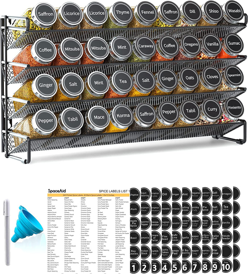 Spice Rack Organizer with 36 Spice Jars, 386 Spice Labels, Chalk Marker and Funnel Set for Cabinet, Countertop, Pantry, Cupboard or Door & Wall Mount - 36 Jars, 17.2" W Ã— 10.8" H, Black