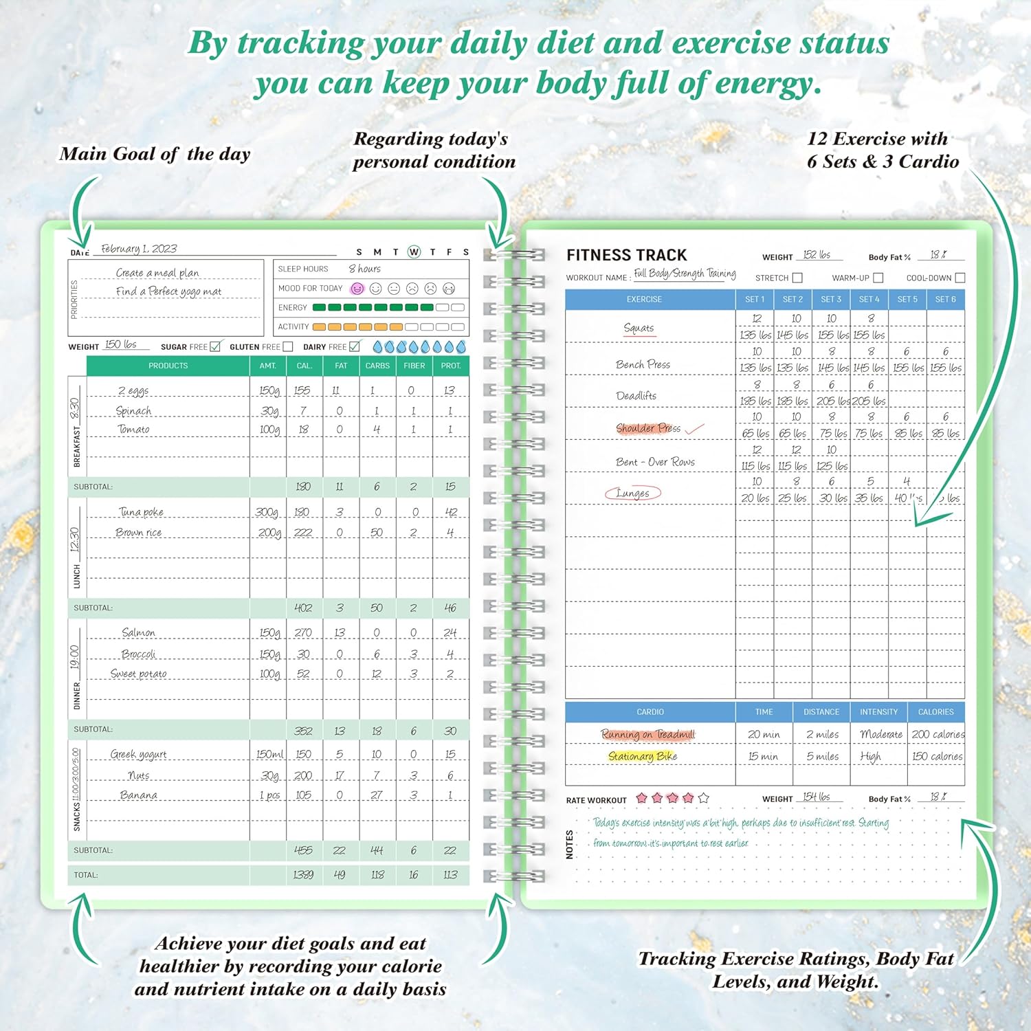 Wellness Planner & Fitness Log - Daily Diet & Health Journal with Weight Loss, Wellness Journal Notebook for Tracking Fitness, Sleep, Nutrition, Meal, Habits, A5(5.8 X 8.6 Inch) (Green)