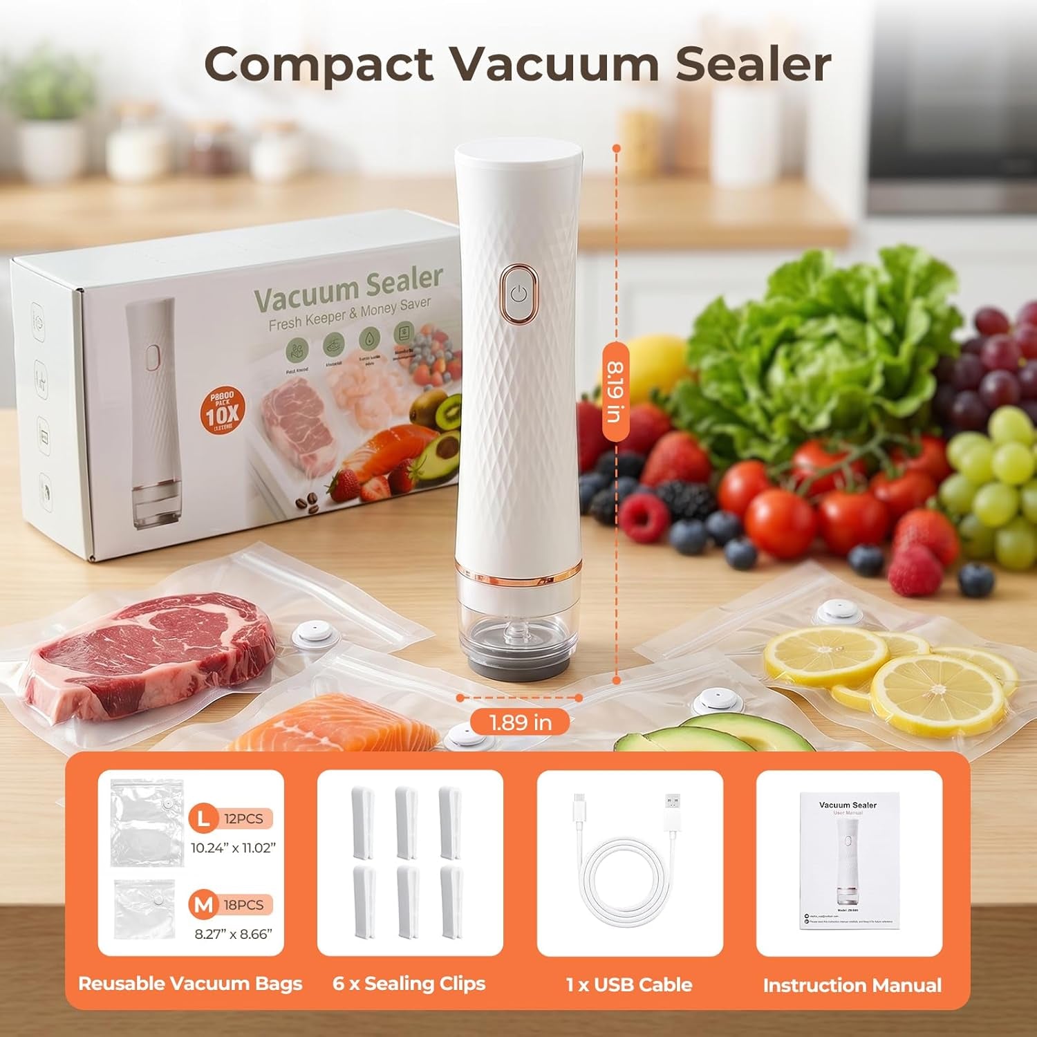 Handheld Vacuum Sealer for Food, Compact Portable Vacuum Sealer Machine with 30 Reusable Vacuum Bags, 65Kpa Cordless Food Sealer, USB Rechargeable, White