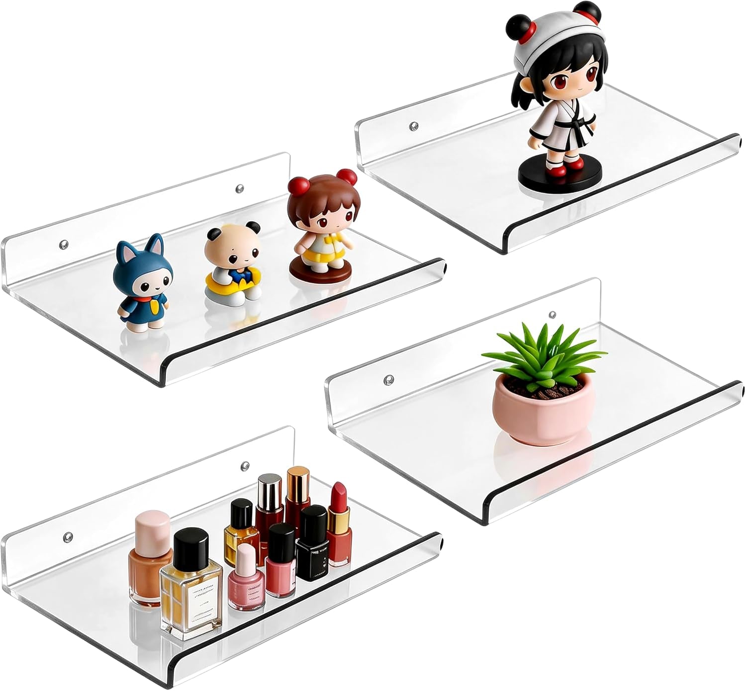 4-Pack Clear Acrylic Floating Shelves with Adhesive & No-Trace Nails - Ultimate No Drill Wall Mounted Display & Storage Organizer for Bathroom, Bedroom, Living Room, Office, 7.87" X 4" (4, U-Shape)