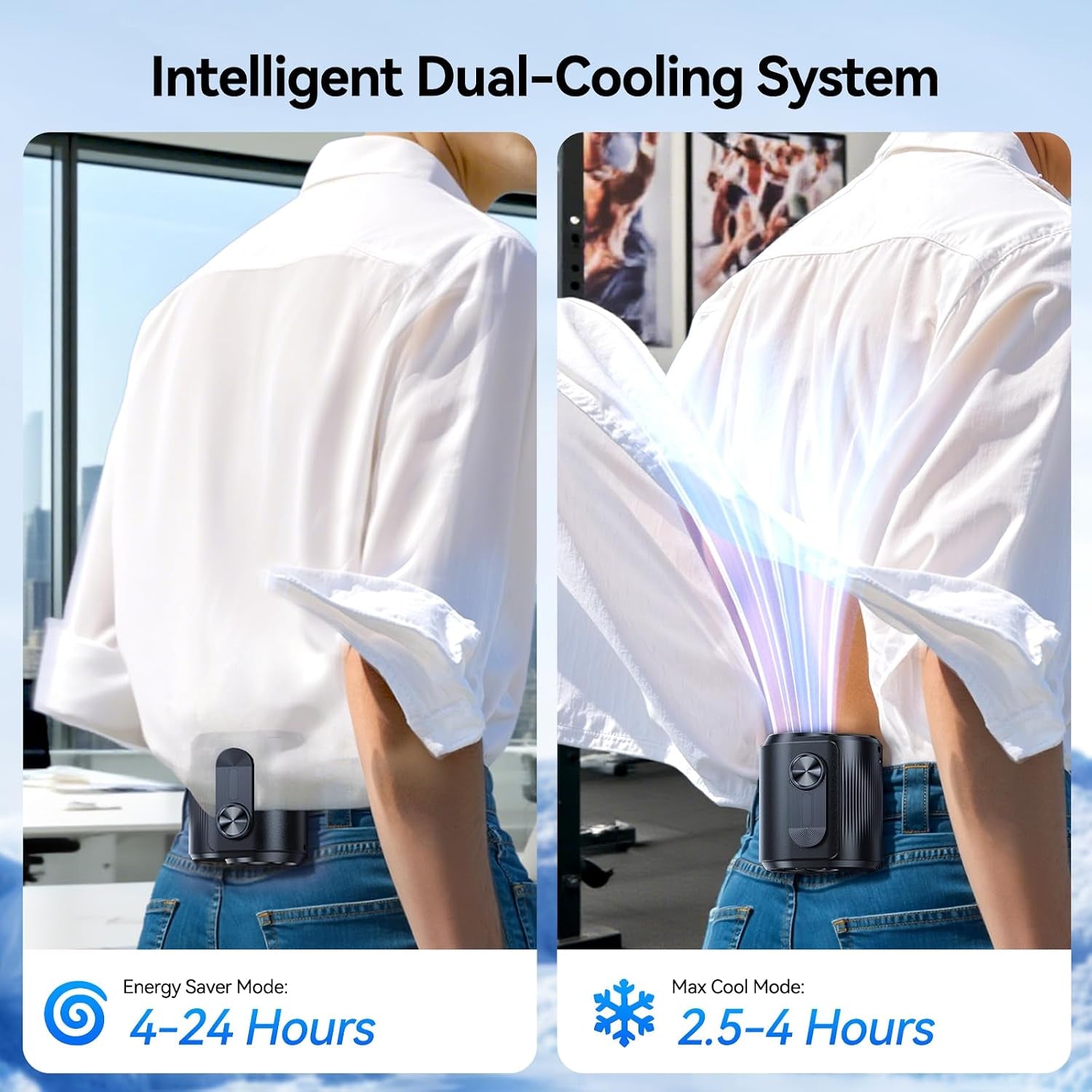 AI Portable Rechargeable Waist Fan with Ice Cooler, 24H Max Cooling, 100-Speed 20000RPM Turbo Cooling Battery Personal Fan, Hands-Free Shirt/Belt/Neck Fan for Work Outdoor Travel, Black