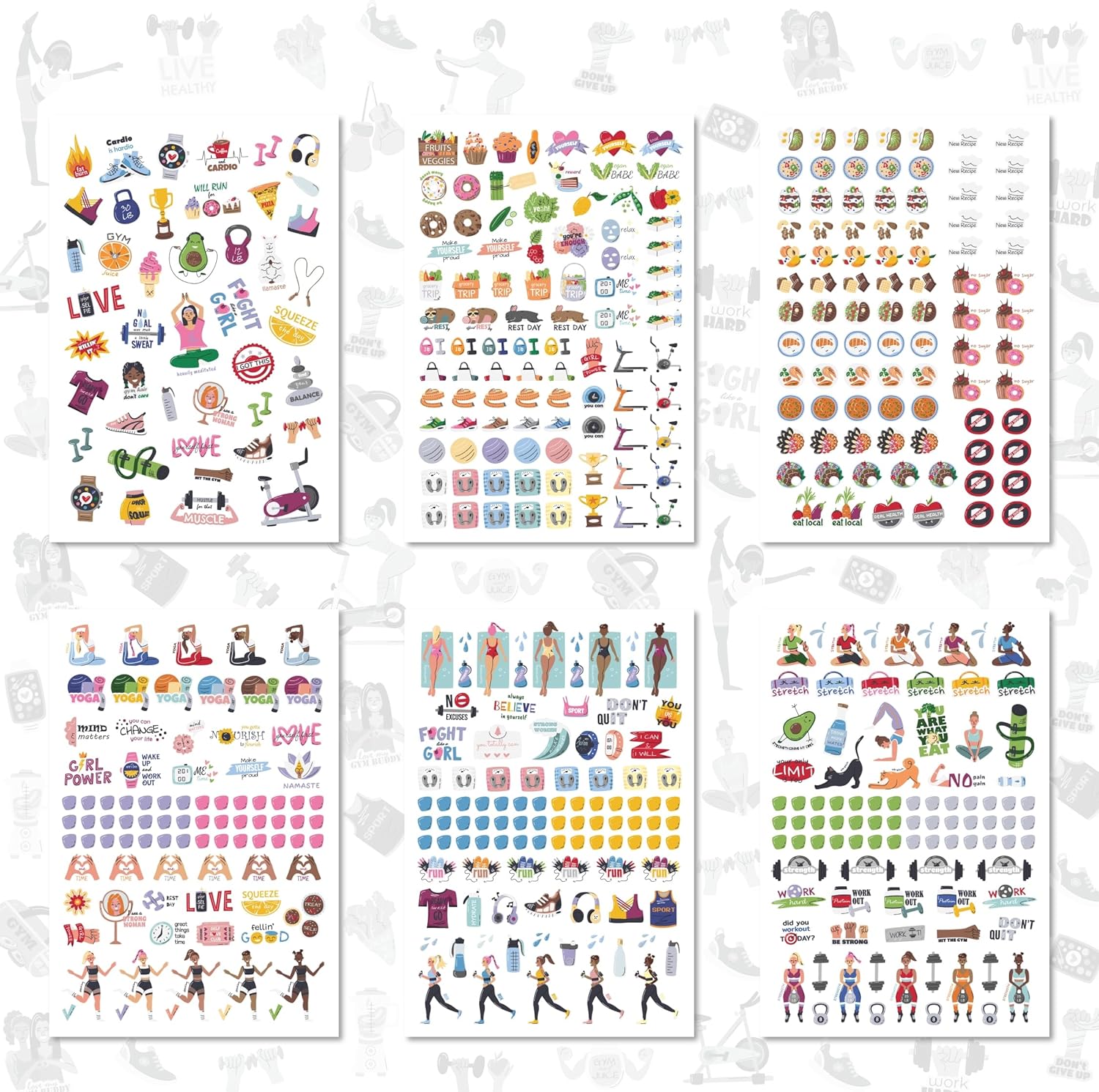 Workout & Fitness Stickers Mega Pack - Set of 24 Sheets 1800+ Health and Wellness Stickers | Tracking Stickers for Sports Planners, Journals & Calendars - Perfect for Weight Loss, Exercise Goals