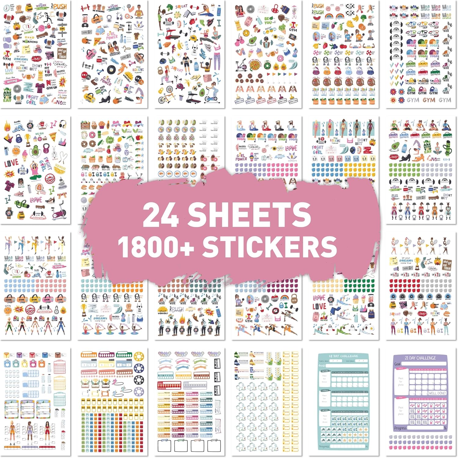 Workout & Fitness Stickers Mega Pack - Set of 24 Sheets 1800+ Health and Wellness Stickers | Tracking Stickers for Sports Planners, Journals & Calendars - Perfect for Weight Loss, Exercise Goals