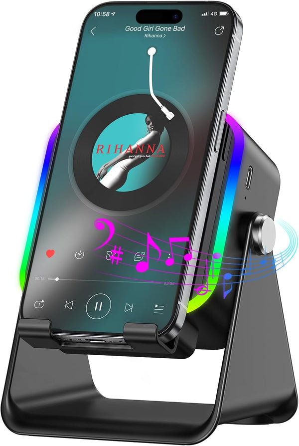 Wireless Induction Speaker 5-In-1 Bluetooth Speaker with Phone Stand,Stereo Sound, 3500Mah Rechargeable, 8 RGB Ambient Light, 360Â° Adjustable Holder for Iphone/Android/Ipad,Gifts for Men Women (Black)