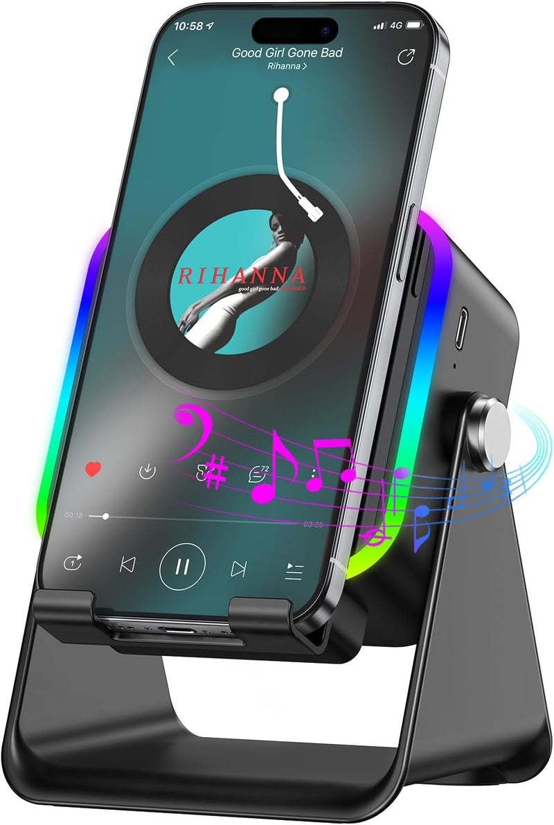 Wireless Induction Speaker 5-In-1 Bluetooth Speaker with Phone Stand,Stereo Sound, 3500Mah Rechargeable, 8 RGB Ambient Light, 360° Adjustable Holder for Iphone/Android/Ipad,Gifts for Men Women (Black)