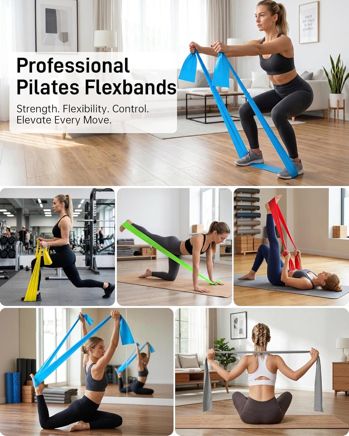 Pilates Flexbands, 5-Pack Latex-Free Resistance Bands Set – Exercise Bands for Pilates, Yoga, Stretching & Physical Therapy | Home Gym Equipment for Women & Men