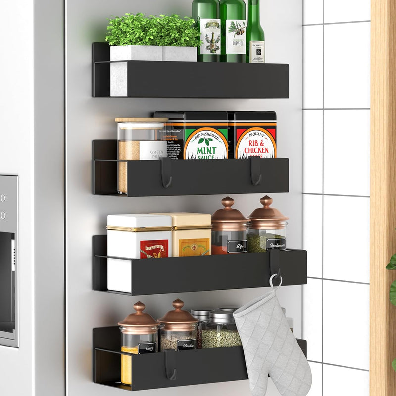 Metal 4 Pack Magnetic Spice Storage Rack Organizer for Refrigerator and Oven, Black Fridge Organizers and Storage