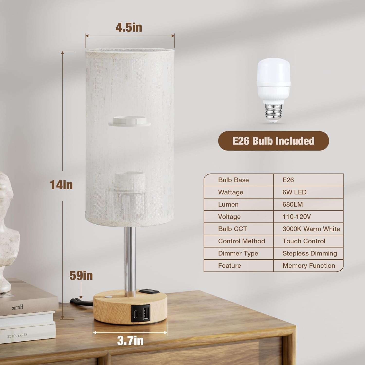 Touch Bedside Table Lamp with Memory - Stepless Dimmable Lamp for Bedroom, Small Nightstand Lamp with Dual USB Charging Ports and AC Outlet, Wood Night Light, Desk Lamp for Nursery, Living Room, Dorm