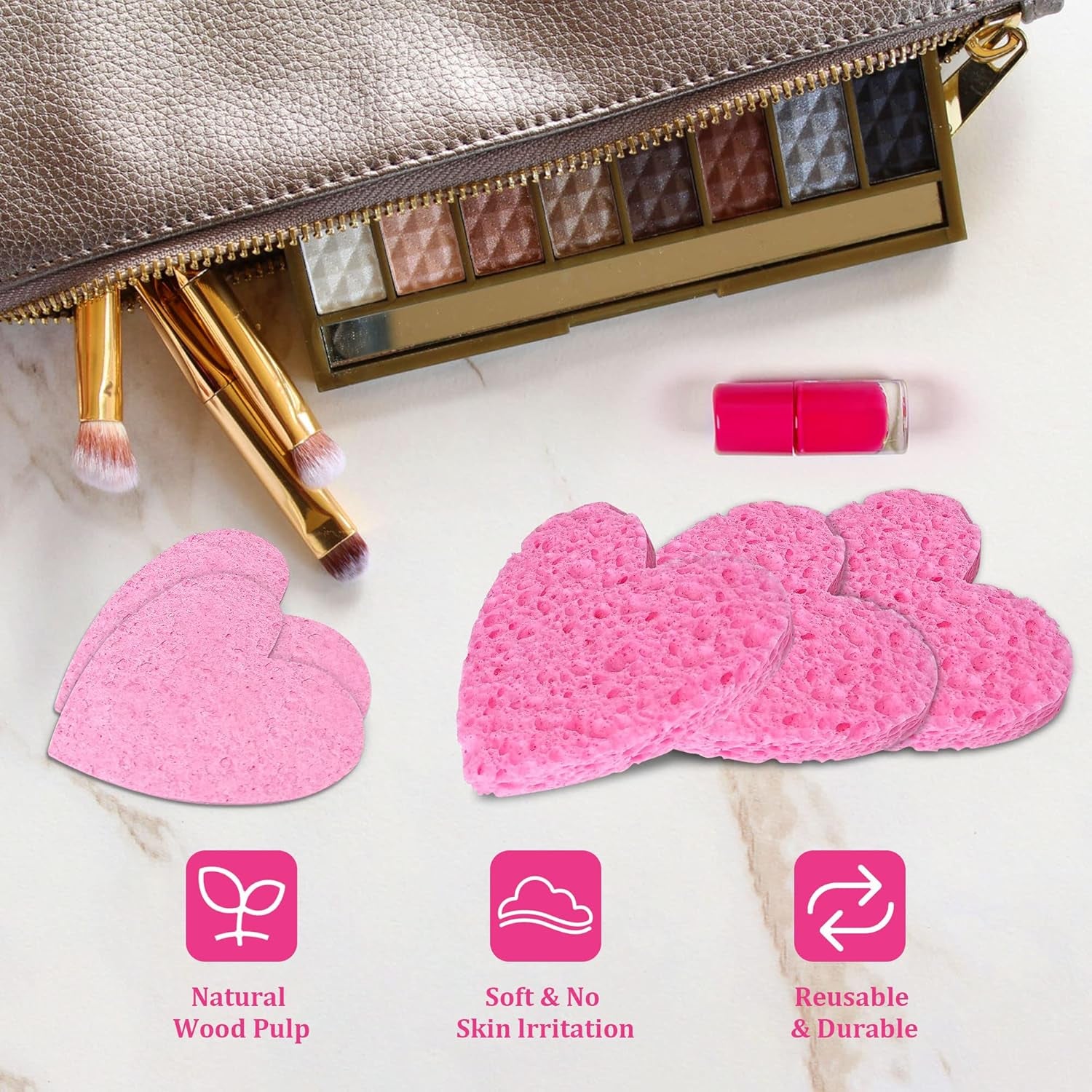 50-Count  Compressed Cellulose Heart Shape Facial Sponges | Natural Cosmetic Spa Sponges for Facial Cleansing | Exfoliating | Makeup Mask Removal | Reusable | Skin Massage (50 Count (Pink))