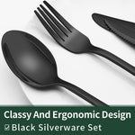 24-Piece Black Silverware Set with Steak Knives, Black Flatware Set for 4, Food-Grade Stainless Steel Tableware Cutlery Set, Mirror Finished Utensil Sets for Home Restaurant, round Edge