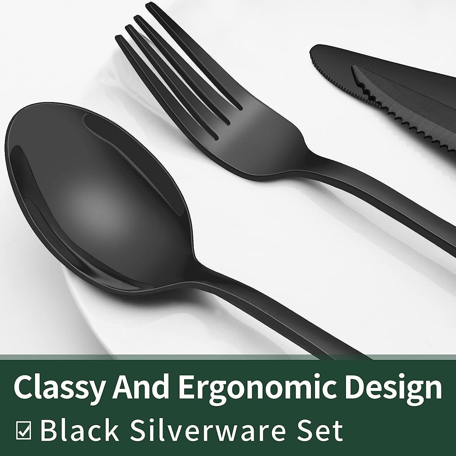 24-Piece Black Silverware Set with Steak Knives, Black Flatware Set for 4, Food-Grade Stainless Steel Tableware Cutlery Set, Mirror Finished Utensil Sets for Home Restaurant, round Edge