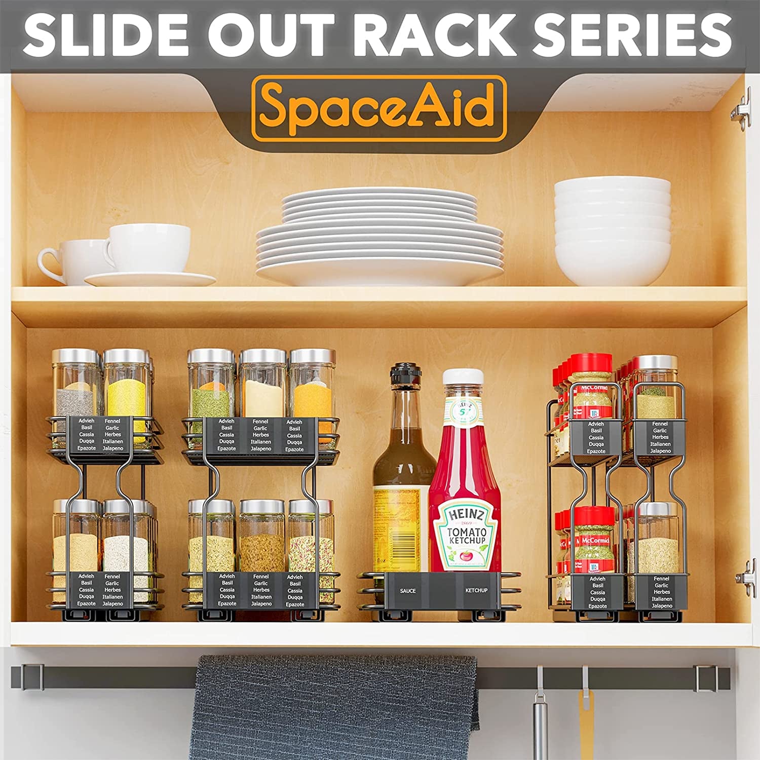 Pull Out Spice Rack Organizer for Cabinet, Heavy Duty Slide Out Seasoning Kitchen Organizer, Cabinet Organizer, with Labels, 5.2" W X10.75 D X10 H, 2 Drawers 2-Tier