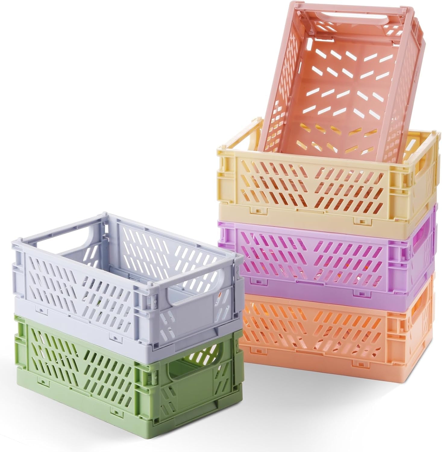 6-Pack Small Pastel Plastic Storage Baskets, Collapsible Crates for Organizing, Space-Saving Mini Bins for Classroom, Kitchen, Office, Bedroom (5.9" X 3.8" X 2.2")