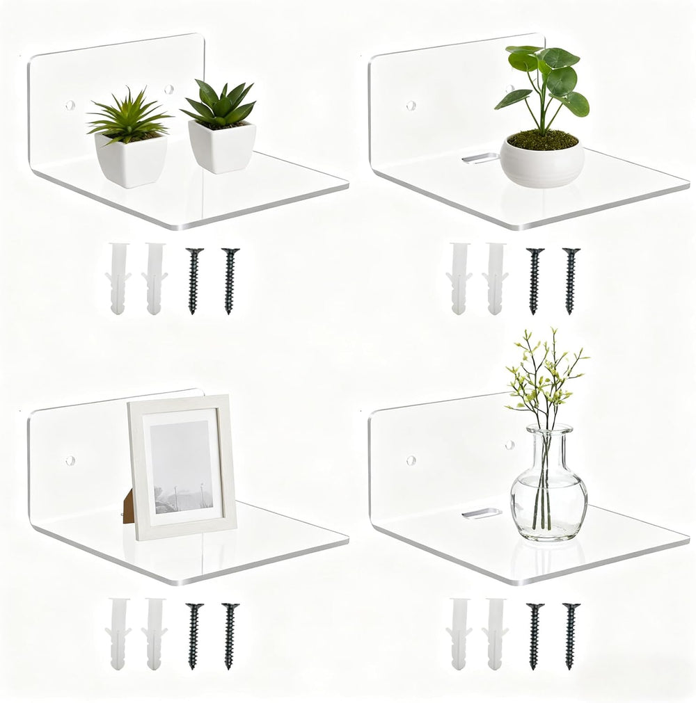 4 Pack Small Floating Shelves for Wall, 4'' Clear Acrylic Wall Shelf Display Ledges for Bedroom, Bathroom, Living Room & Office, Mini Storage Shelves Screw Installation