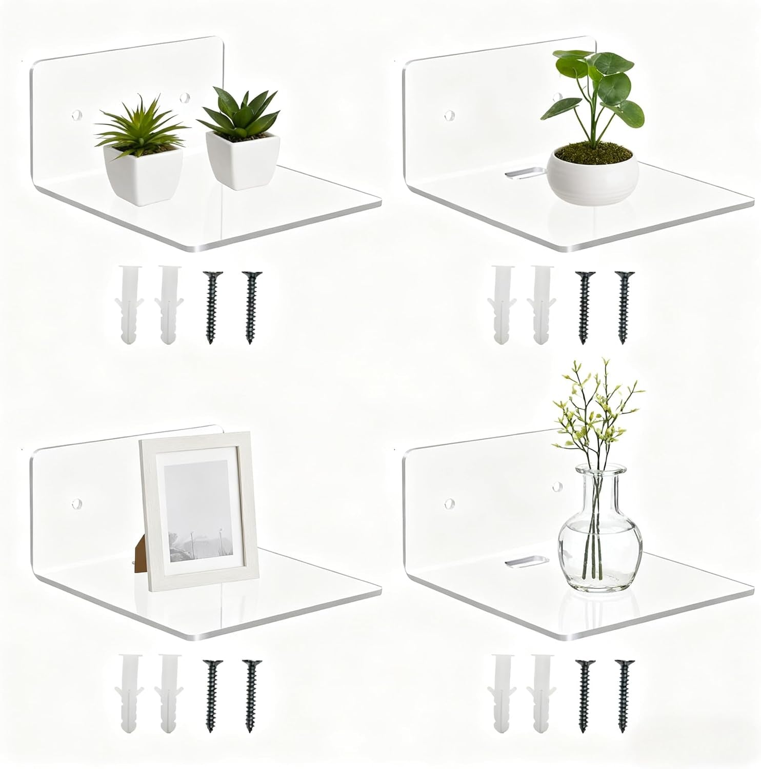 4 Pack Small Floating Shelves for Wall, 4'' Clear Acrylic Wall Shelf Display Ledges for Bedroom, Bathroom, Living Room & Office, Mini Storage Shelves Screw Installation