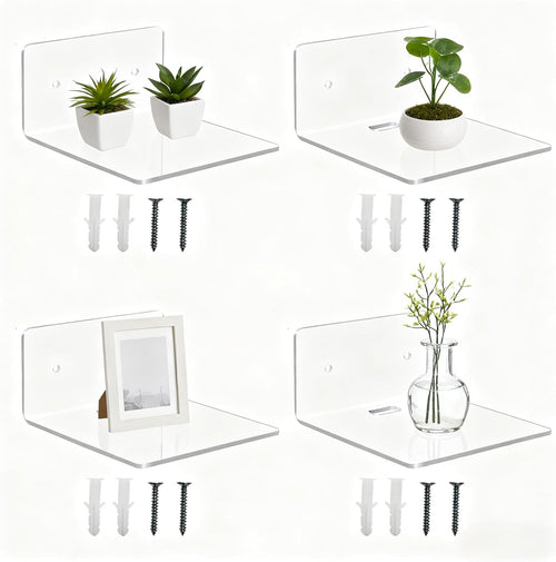 4 Pack Small Floating Shelves for Wall, 4'' Clear Acrylic Wall Shelf Display Ledges for Bedroom, Bathroom, Living Room & Office, Mini Storage Shelves Screw Installation