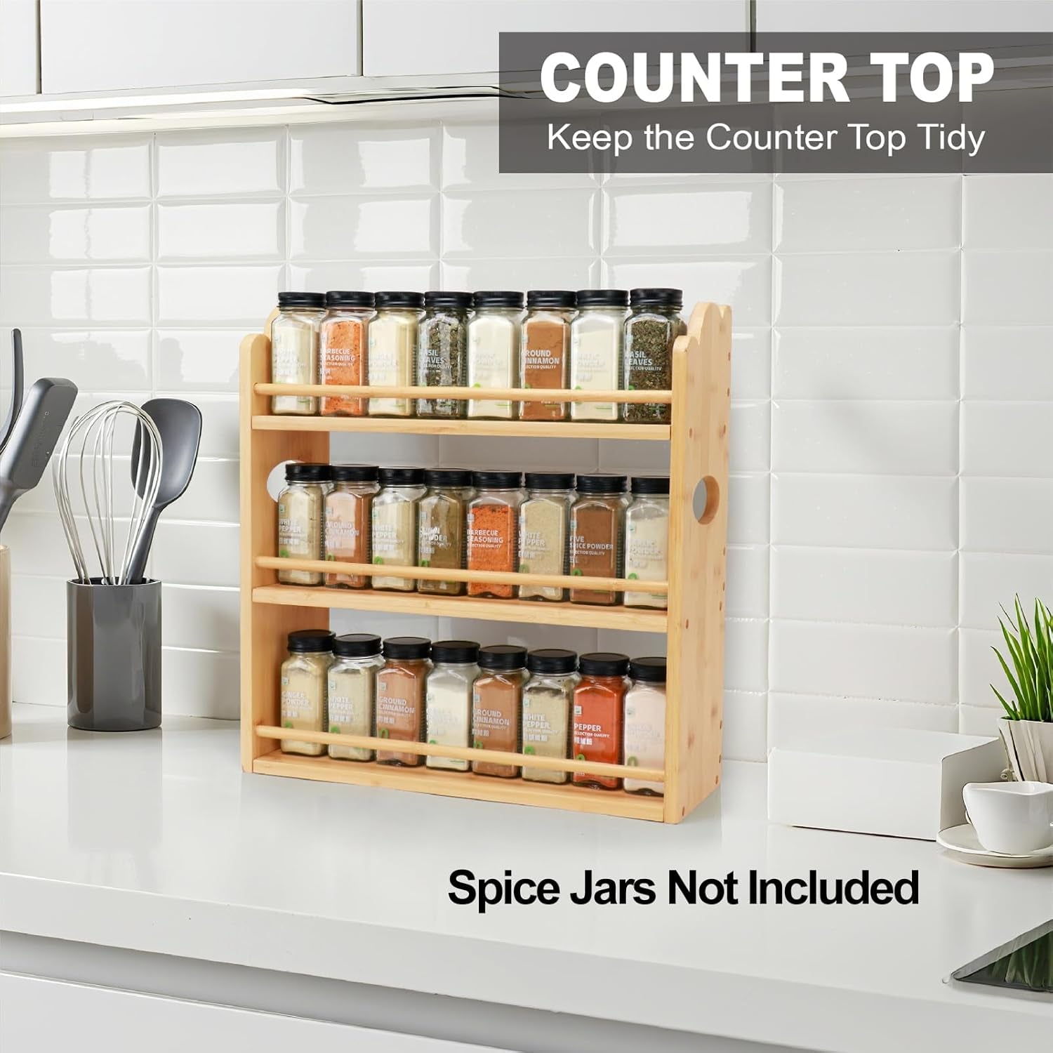 3 Tier Bamboo Spice Rack, Spice Rack Organizer, Seasoning Jars Rack Shelf Spice Organizer for Kitchen Counter or Wall Mounting, Spice Storage Holder with Handles, Jars Not Included,Natural