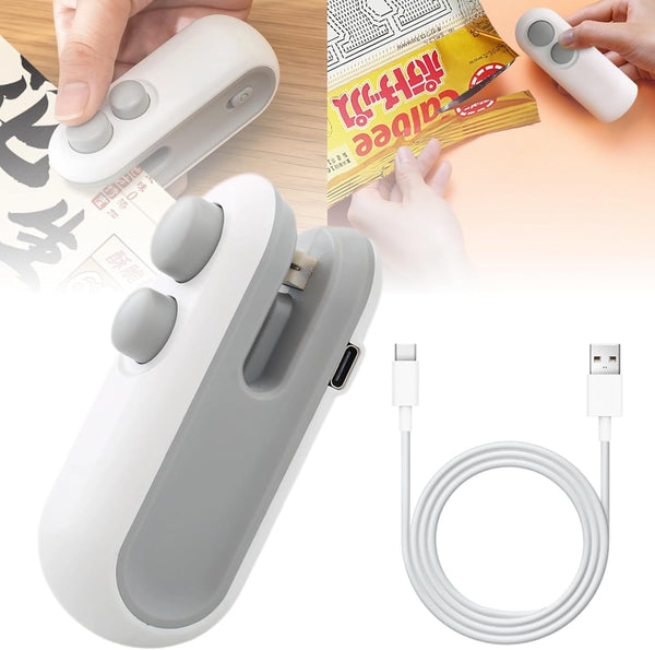 Mini Bag Sealer, 2-In-1 Rechargeable Mini Heat Sealer & Cutter, Magnetic Portable Plastic Bag Sealer for Snacks, Chips, Food Freshness Storage (White)