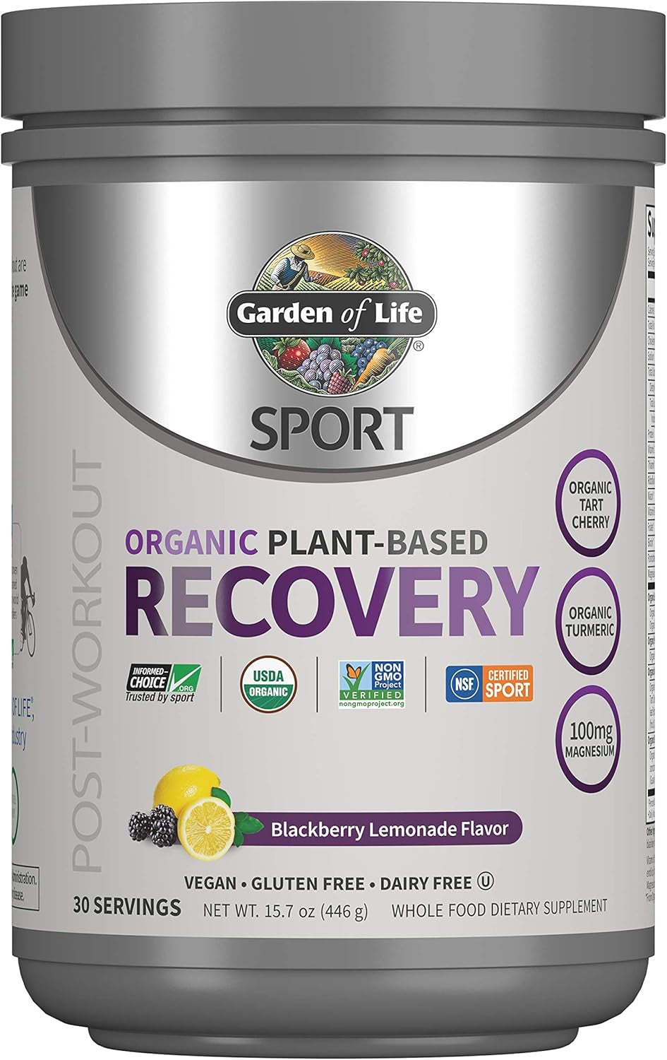 Sport Organic Plant-Based Recovery Powder â€“ Muscle Recovery Supplement for Women & Men with Vitamins and Magnesium, Non-Gmo, Gluten-Free, Blackberry Lemonade Flavor, 30 Servings