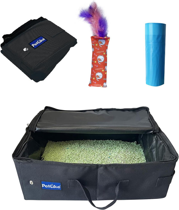 Travel Cat Litter Box, Leak-Proof Portable Litter Box, Collapsible Toilet Tray Carrier for Small Medium Cats (Black+Litter Box Liners, Medium)
