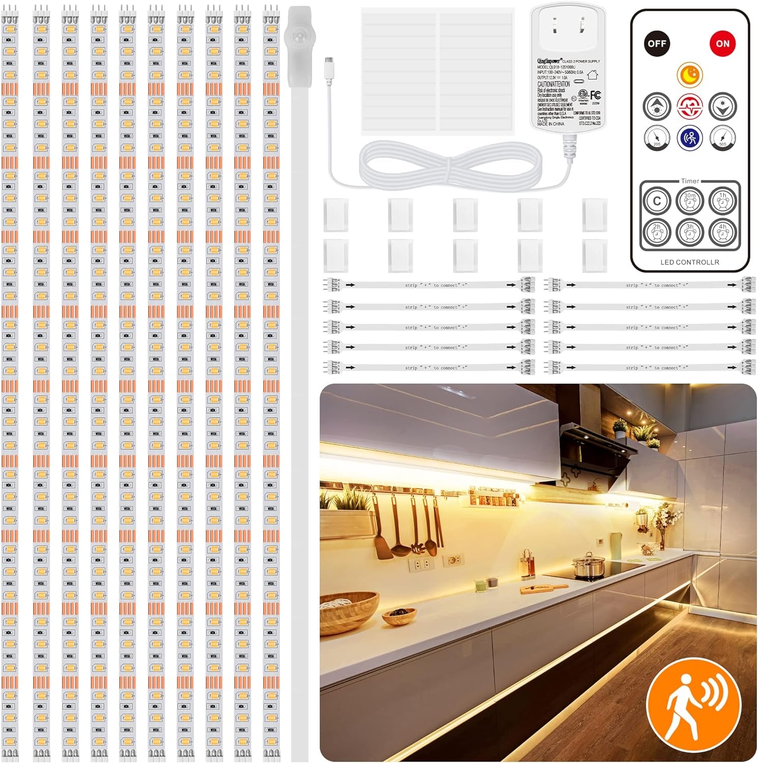 10 PCS under Cabinet Lights Kit, Motion Sensor LED Strip Lights with Remote, Dimmable and Timer Warm White Counter Lights for Kitchen Cabinets, Cupboards, Closets, Stairs, Shelf, Desk, and Bed