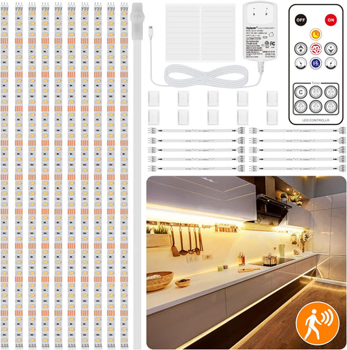 10 PCS under Cabinet Lights Kit, Motion Sensor LED Strip Lights with Remote, Dimmable and Timer Warm White Counter Lights for Kitchen Cabinets, Cupboards, Closets, Stairs, Shelf, Desk, and Bed