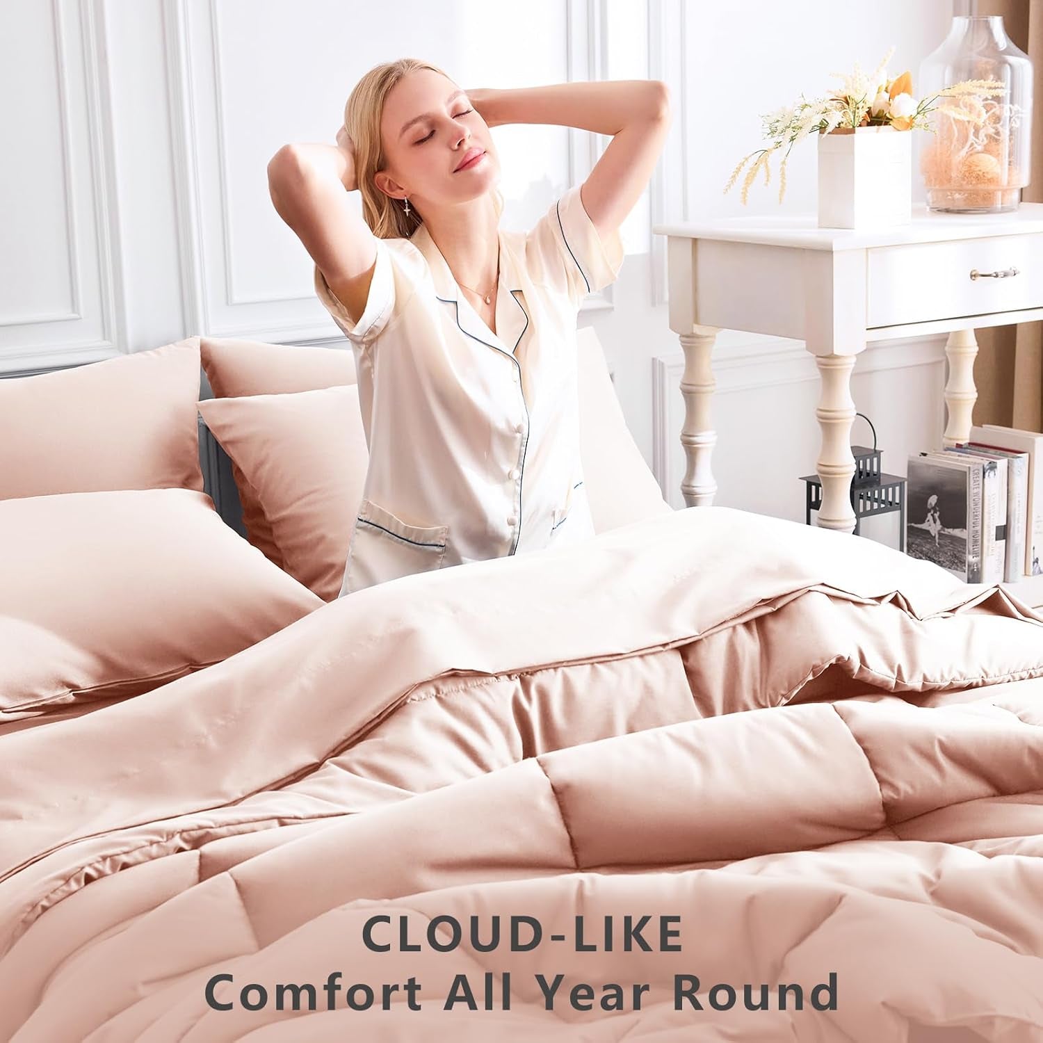 Full Size Comforter Sets Blush Pink, 7 Pieces Bed in a Bag, Pink Comforter Full Size, All Season Bedding Sets with Stitch Quilted Comforter, Flat Sheet, Fitted Sheet, Pillowcases
